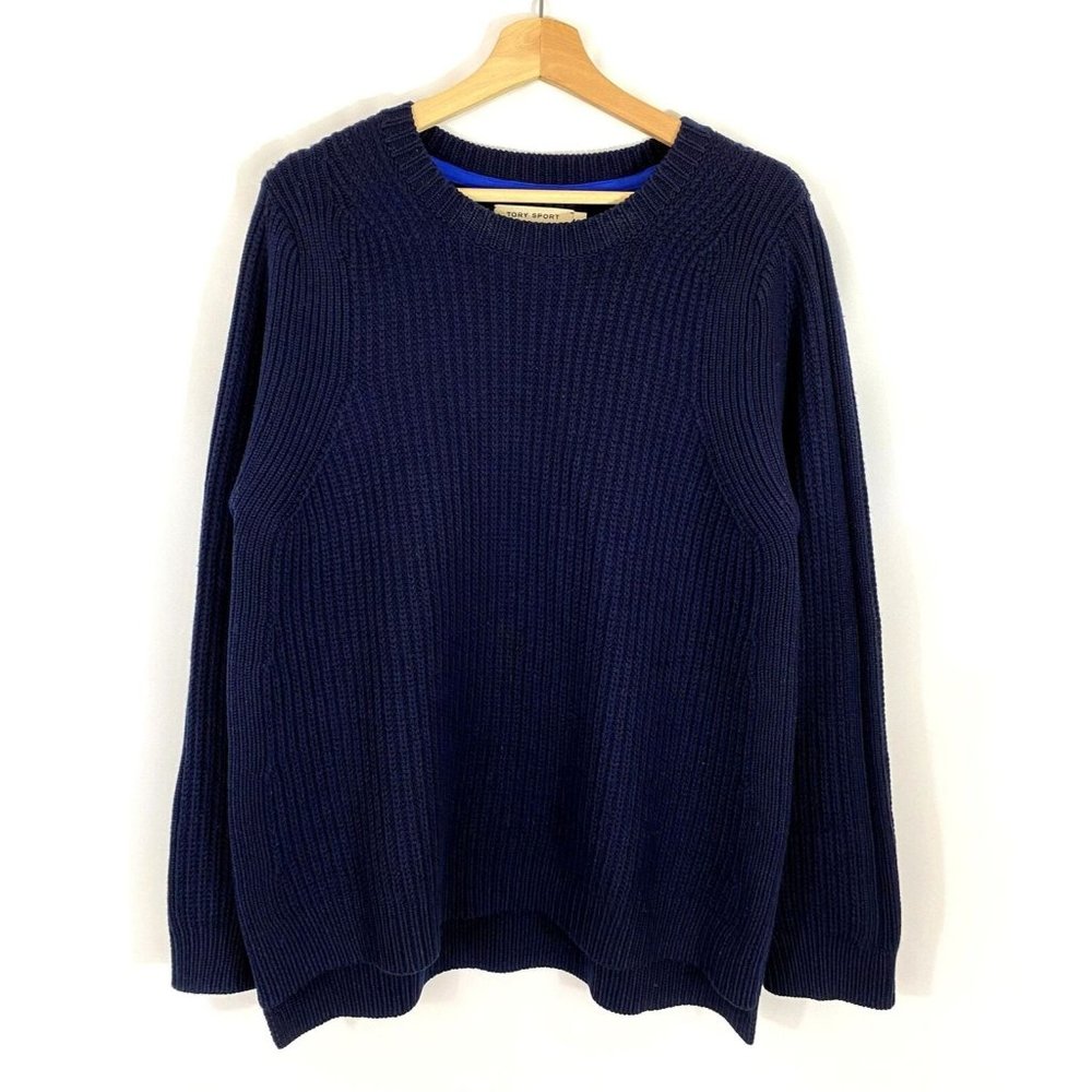 Tory Burch Navy Blue Pullover Sweater Chunky Heavy Wool Ribbed Size M